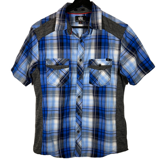 Rock & Republic Other - Rock & Republic Western Shirt Mens Medium Short Sleeve Blue Plaid Stretch Sides